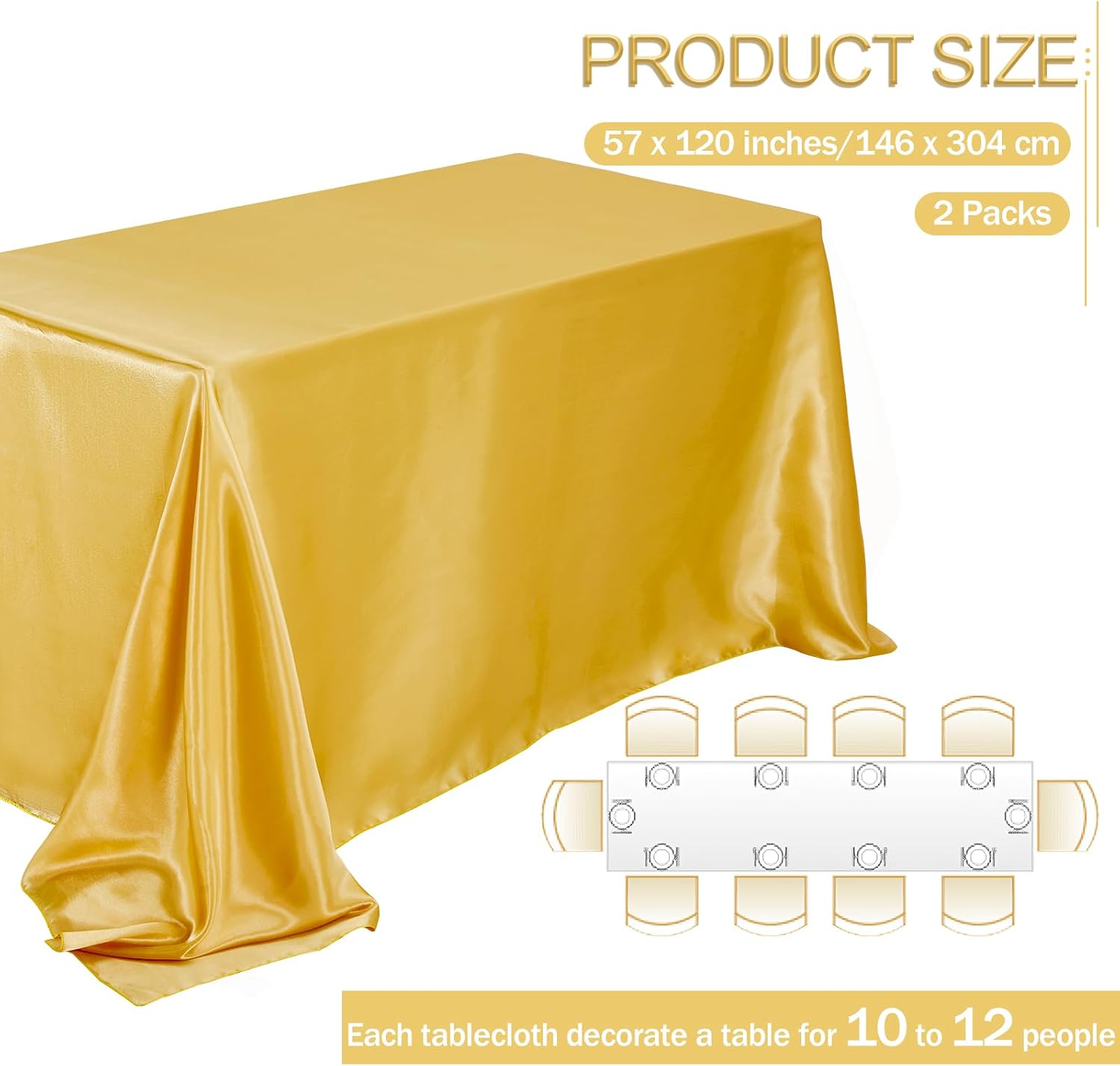 B-COOL Gold Satin Tablecloth Party Decoration 57x120inch 2 Pack Romantic Rectangle Bright Silk Table Overlays for Wedding Ceremony