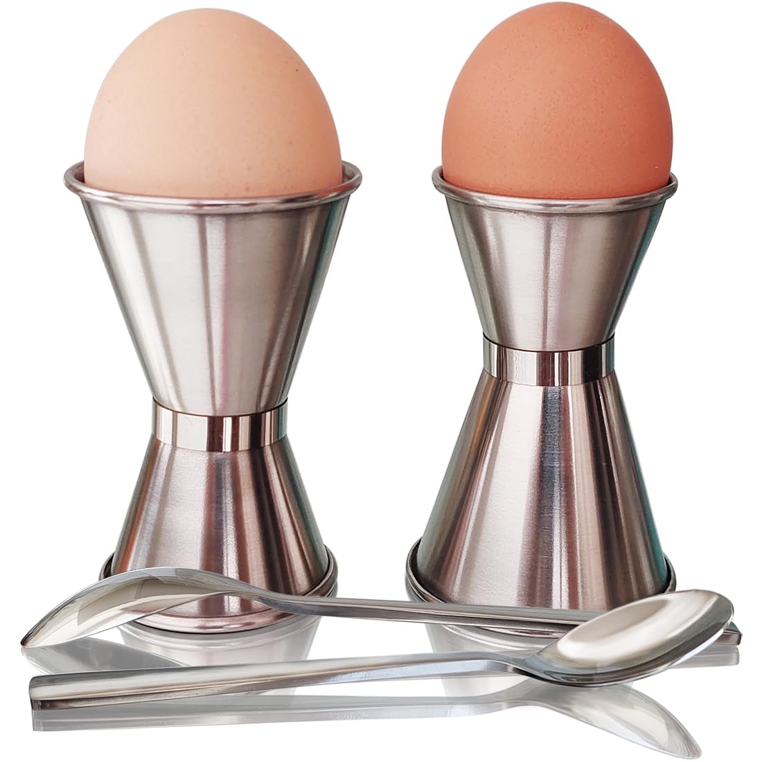 nobleegg universal egg cups and spoons for soft boiled eggs all chicken egg sizes  stainless steel  set for 2