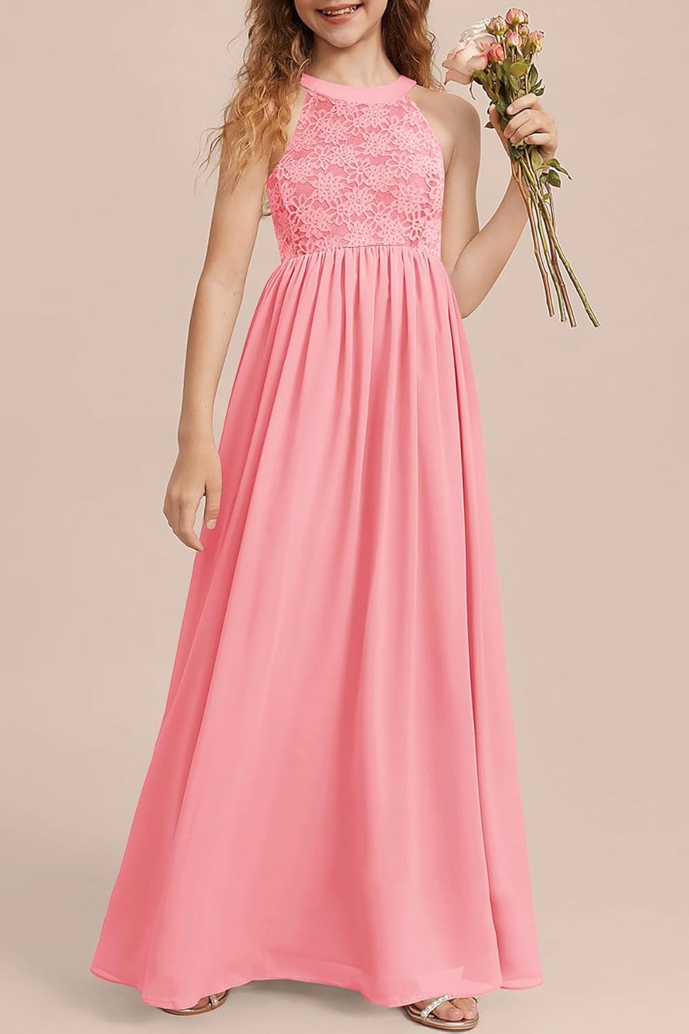 HOSIKA Girls Halter Neck Sleeveless Elegant Lace Chiffon A-line Long Flower Girl Dress for Wedding Party 6-12 Y - Image 5
