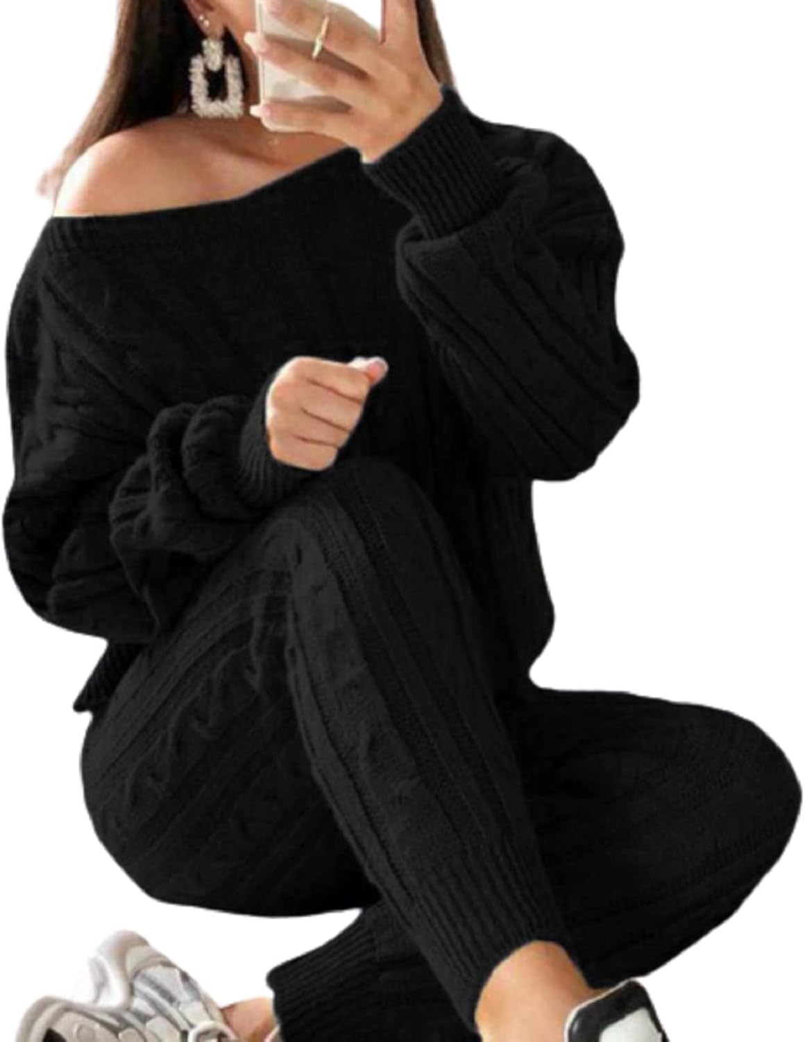 Lucuna Women's 2025 Fall Sweater Set 2 Piece Outfits Cable Knit Chunky Crew Neck Pullover Top Pants Loungewear - Image 2