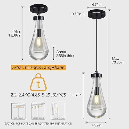 Miniatura 2 de Luces colgantes de gota de lluvia, para isla de cocina, lágrima, lámparas colgantes negras, lámparas colgantes de vidrio sólido transparente,