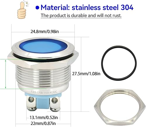 Miniatura 10 de Luz indicadora 0.866 in 78 pulgadas impermeable IP67 metal acero inoxidable 304 lámpara de señal 12V-24V LED piloto tablero luz anillo de luz grande