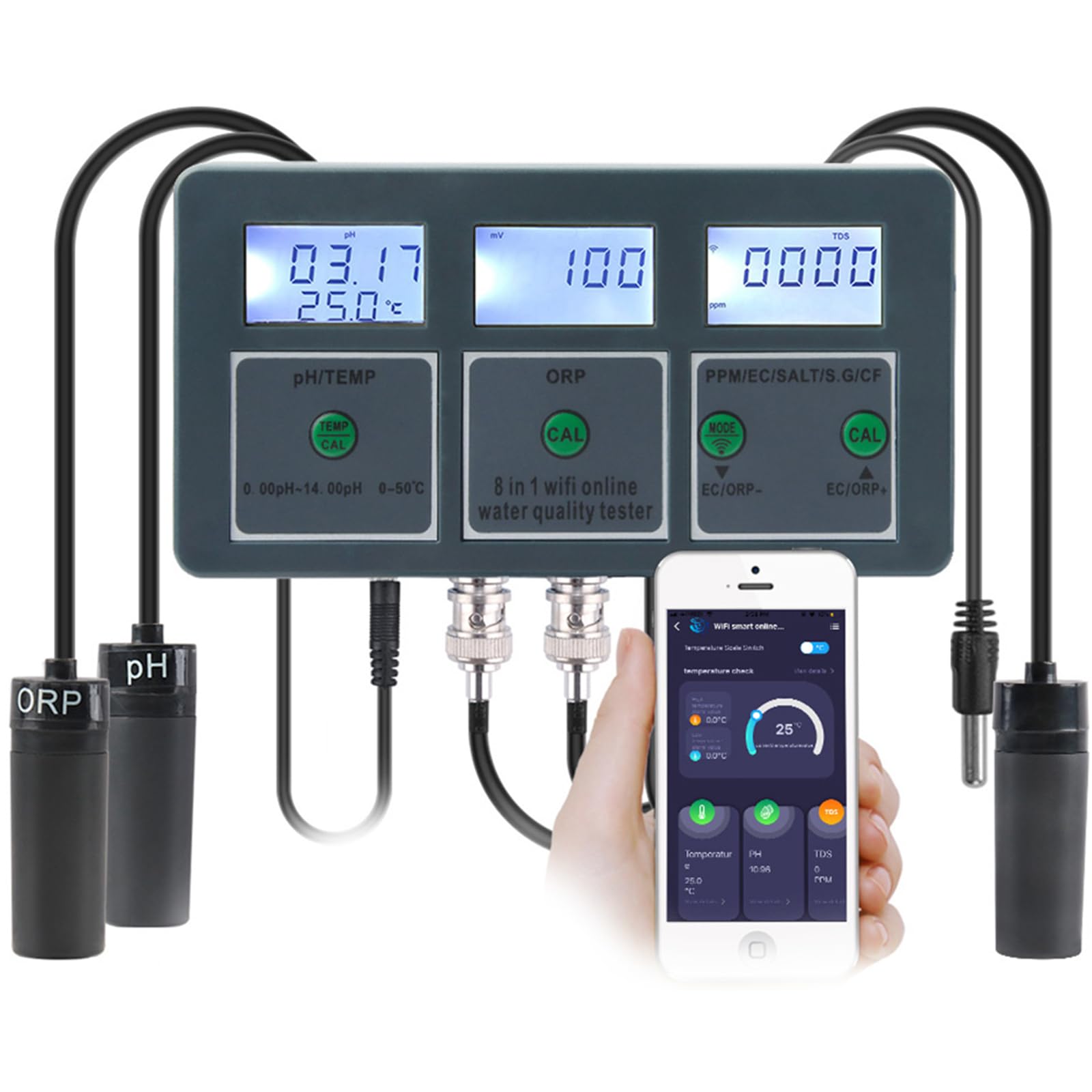 Testeur de qualité de l'eau 8 en 1 moniteur multifonction pH EC TDS pour piscine et aquarium