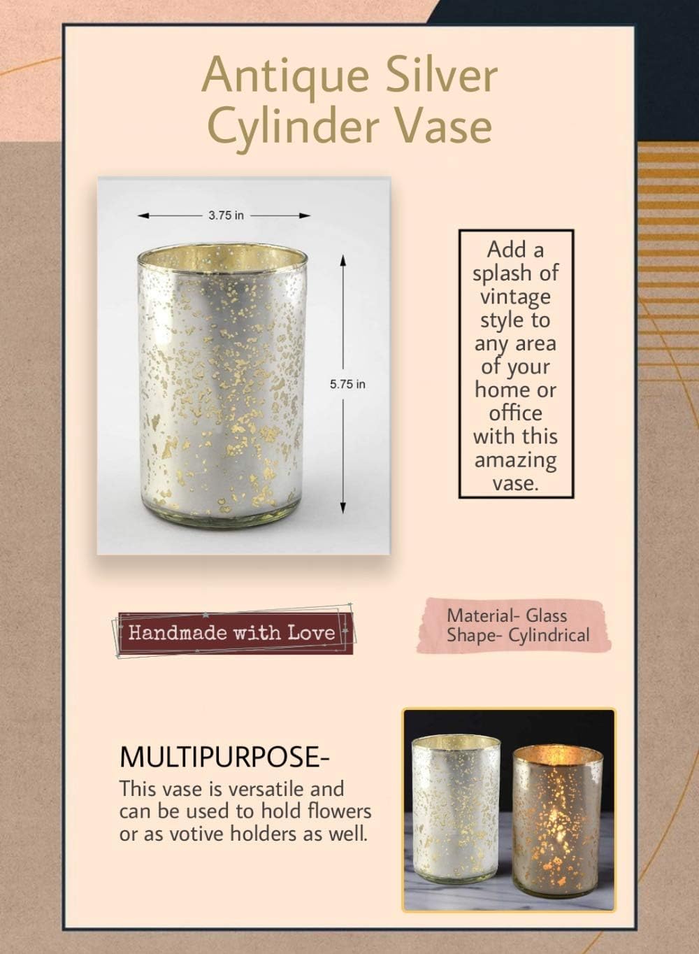 Serene Spaces Living Antique Silver Cylinder Vase, Vintage-Style Handmade Mercury Glass Finish for Weddings, Parties, Events, 6" Tall and 3.5" Diameter, Pack of 12