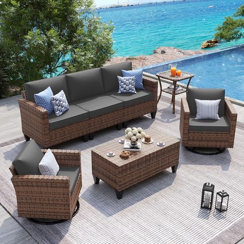 Image of UDPATIO Patio Furniture Set, 5 Pieces Outdoor Conversation Sets with Rocking Swivel Chairs, Wicker Rattan Outdoor Sofa Set with Storage Table and Waterproof Covers for Backyard, Deck, Porch, Grey