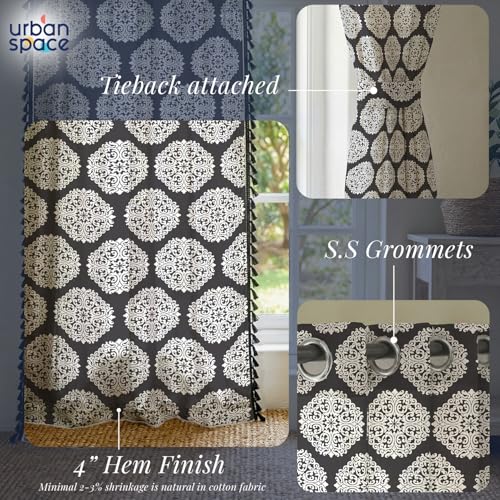Image of Urban Space Boho Decorative Curtains for Long Door, 100% Cotton Curtain 8 Feet Long, Set of 1 Curtains with Tassels, 60-65% Room Darkening Curtain with Tieback and Eyelets(Mandala Grey, 8 Feet)