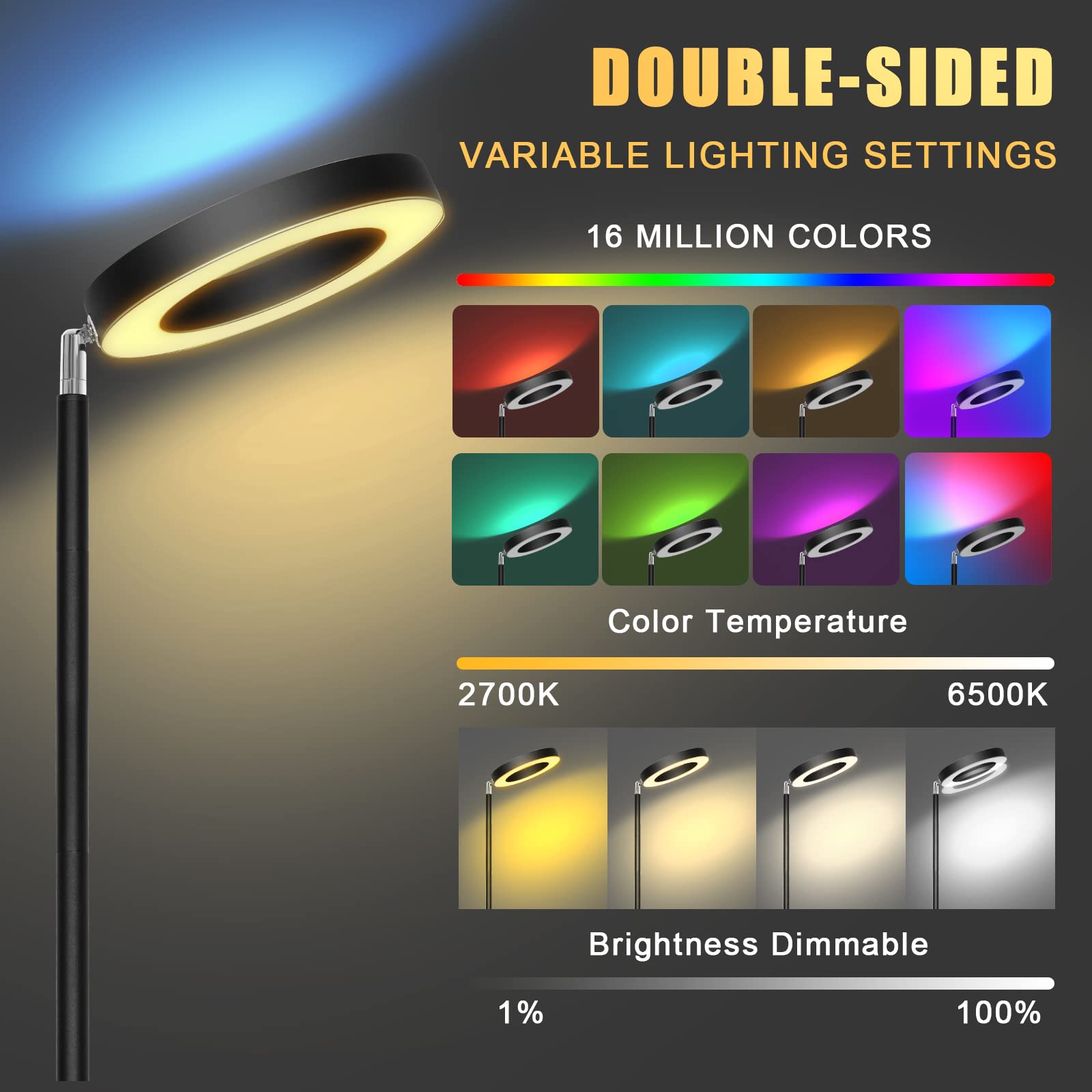 Lampadaire Sur Pied Salon Smart Double Face, 42W Lampe sur Pied avec App et Contrôle Tactile, 16 Millions Couleurs, Compatible avec Alexa et Google Assistant, Musique Sync Convient pour Chambre Bureau