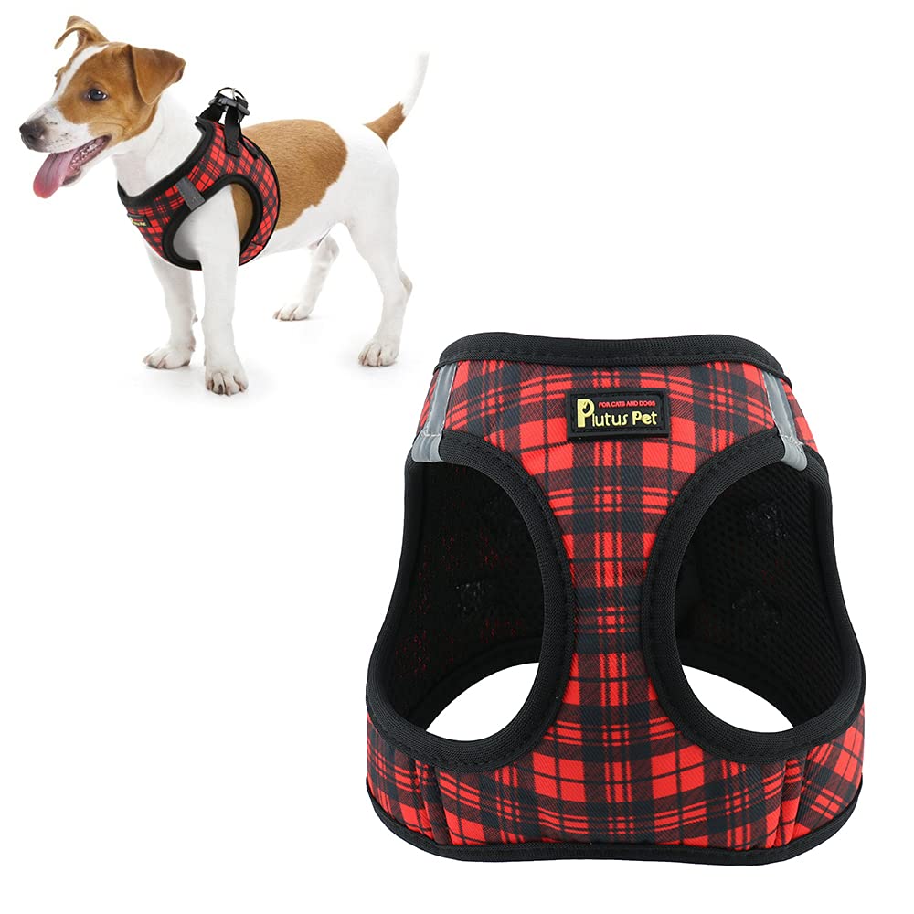 PLUTUS PETStep-in Dog Harness, Adjustable Reflective Soft Dog Harness, Breathable Dog Vest Harness for Cats Puppy and Small Medium Dogs(S, Red Plaid)