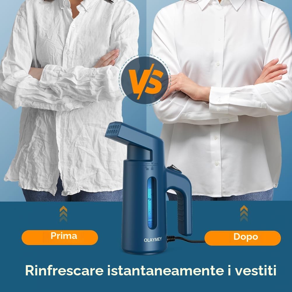 OLAYMEY Ferro da Stiro Verticale da Viaggio, Ferro da Stiro a Vapore con Caldaia, con Borsa con Coulisse, 700W Portatile Stiratore Verticale 180ML Blu Stirella Verticale per Casa, Affari