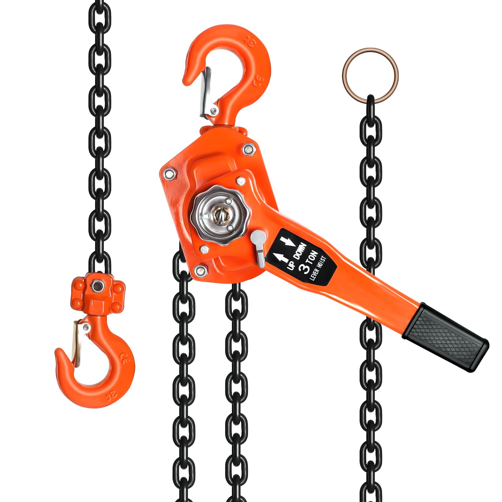 Manual Lever Chain Hoist, 3 Ton 6600 Lbs Capacity 10 Ft Come Along, G80 Galvanized Carbon Steel With Double-Pawl Brake, Auto Chain Leading & 360° Rotation Hook, For Dock Garage Factory Mines