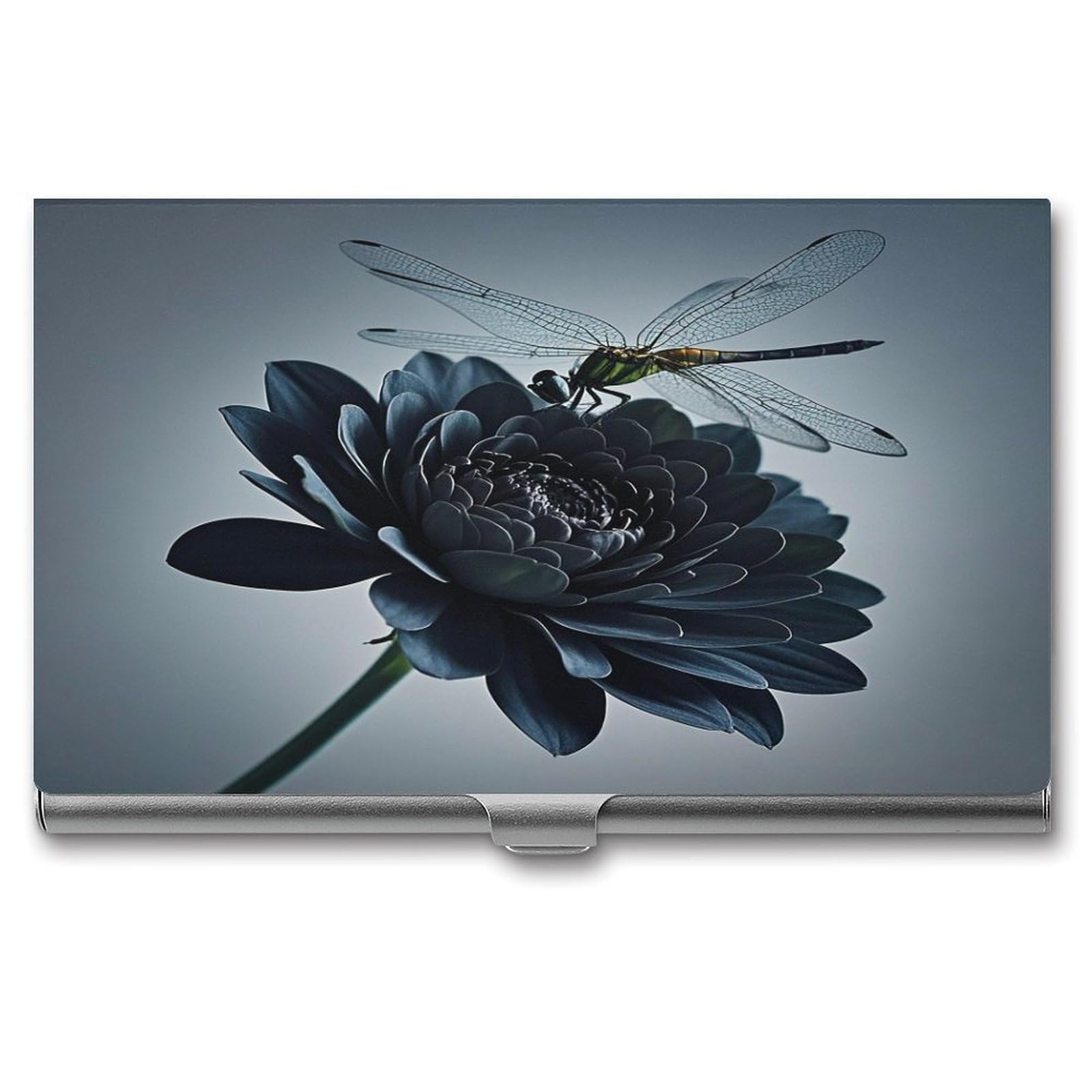 FekiLoot Black Flowers And Dragonfly Business Card Holder Aluminum Alloy Business Card Case Convenient to Carry Business Card Dispenser for Men Women