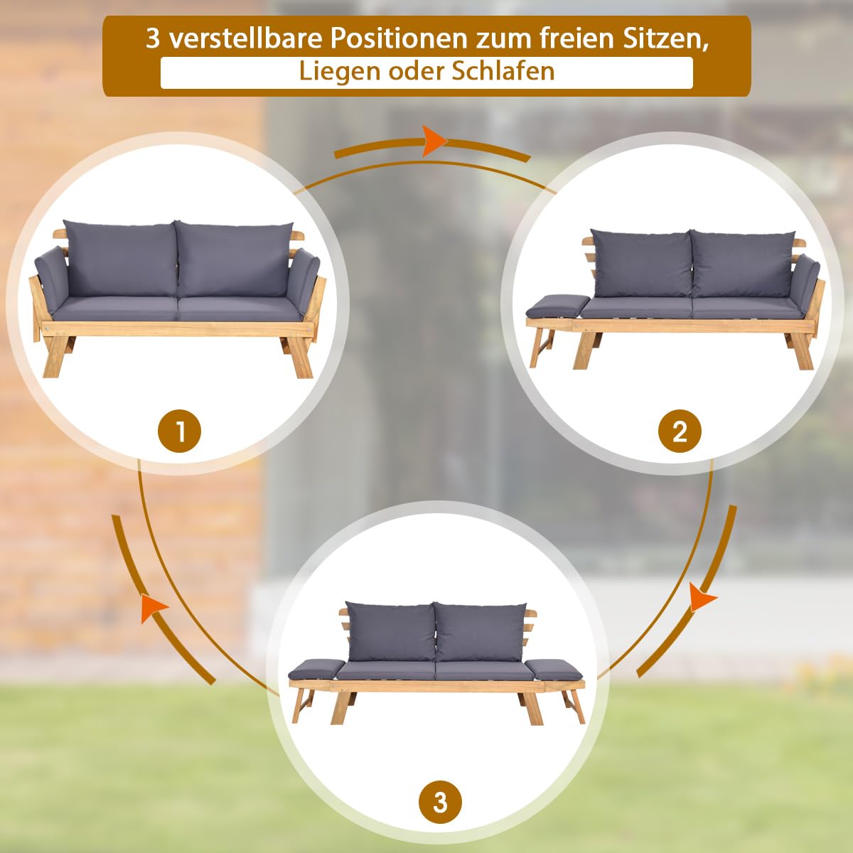 COSTWAY Gartenbank mit Liegefunktion, Gartensofa mit Auflagen und klappbaren Armlehne, Balkonbank aus Akazienholz, Balkonsofa, Gartencouch für Garten, Terrasse, Balkon, 198 x 75 x 75 cm (Grau)