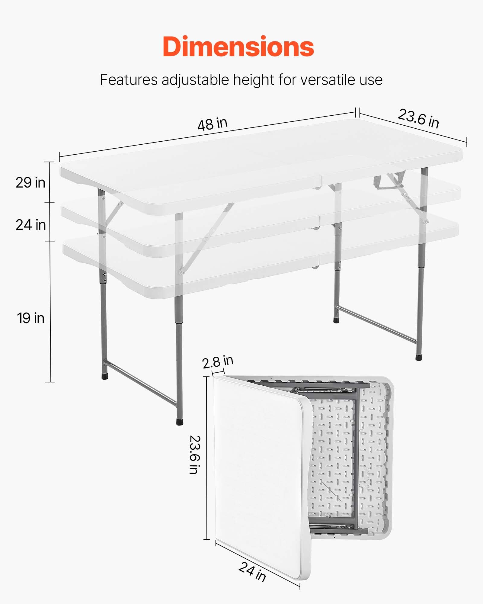 VEVOR Tavolo Pieghevole a Metà, Tavolo in Plastica Resistente Portatile e Rettangolare da 1220x600 mm, con Altezza Regolabile e Maniglia Integrata, per Feste, Cene, Picnic, Campeggio, Bianco