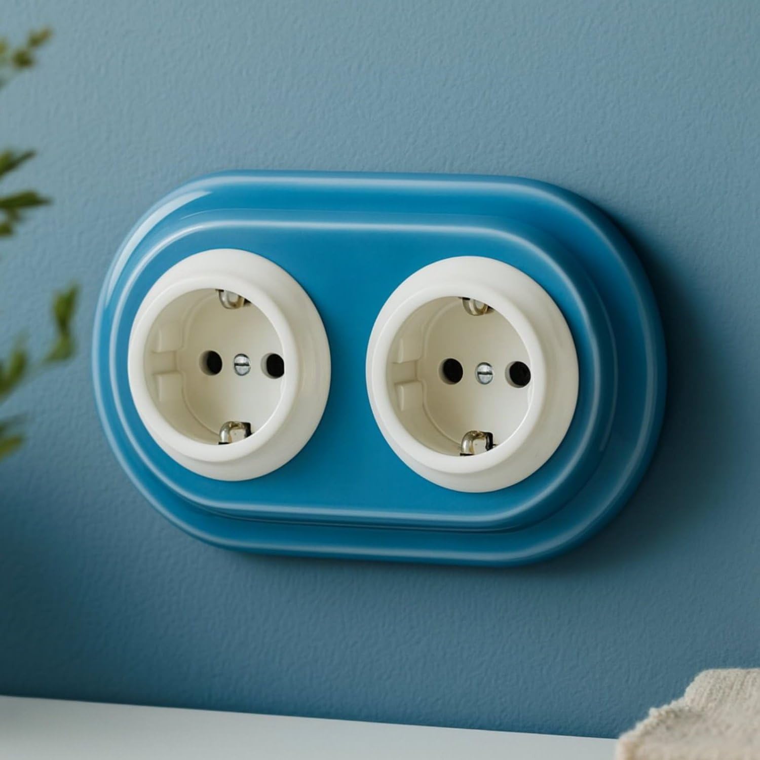 Unterputz Porzellan Retro Steckdose 2-fach, All-in-One, Serie PR1 blau