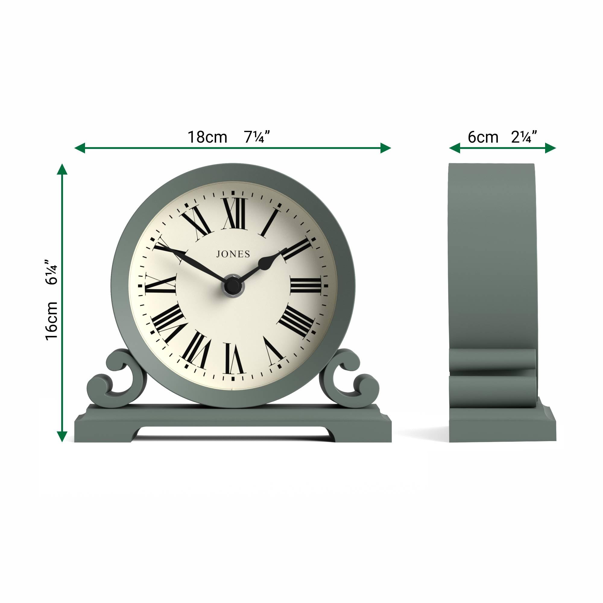 JONES CLOCKS® Saloon Kaminsimsuhr | Kleines traditionelles doppelscroll-Design | Grün | Römische Zahlen | Klassischer Stil für Schreibtisch, Tisch, Regal oder Bett