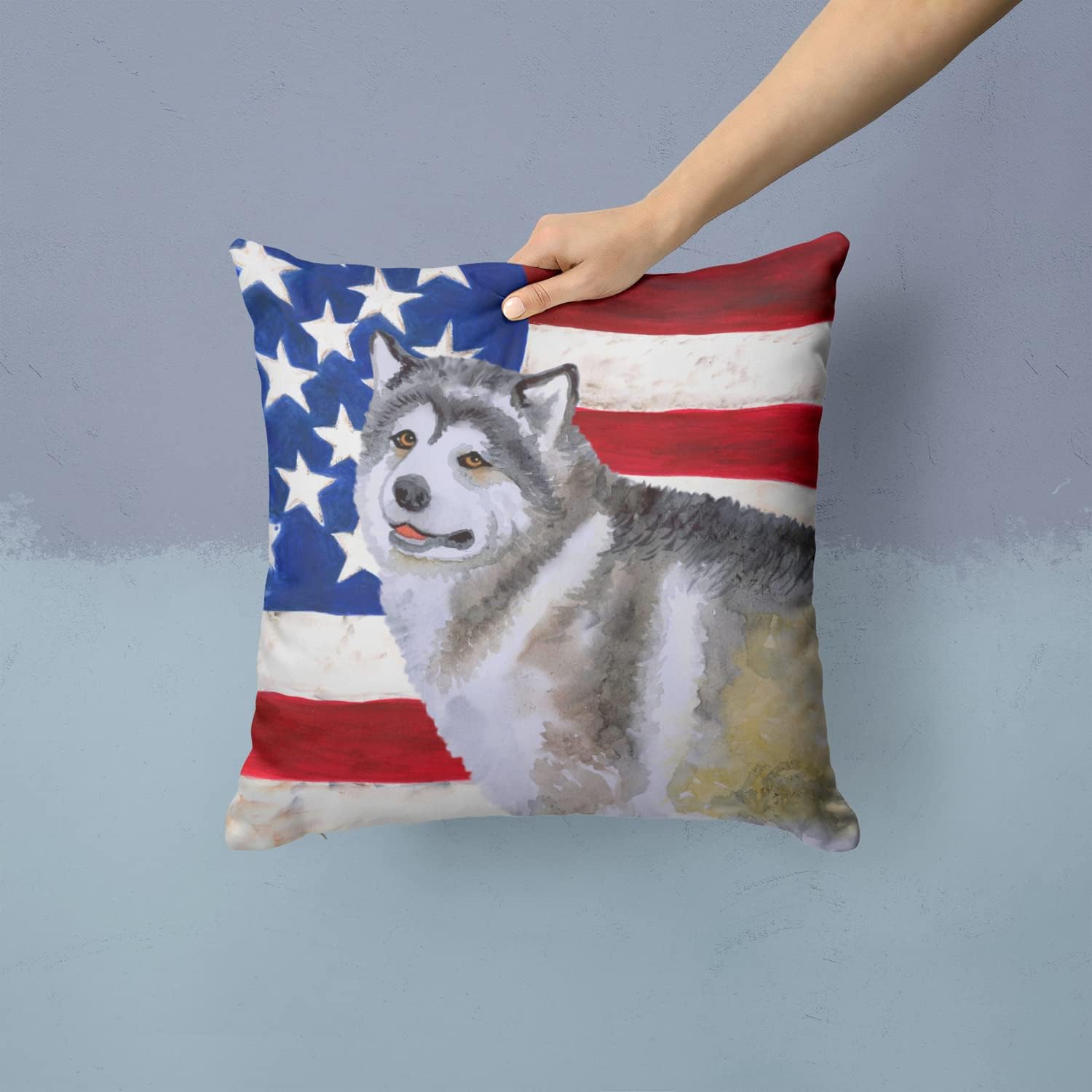 Caroline's Treasures BB9638PW1414 Alaskan Malamute Patriotic Fabric Decorative Pillow Machine Washable, Indoor Outdoor Decorative Pillow for Couch, Bed or Patio, 14Hx14W