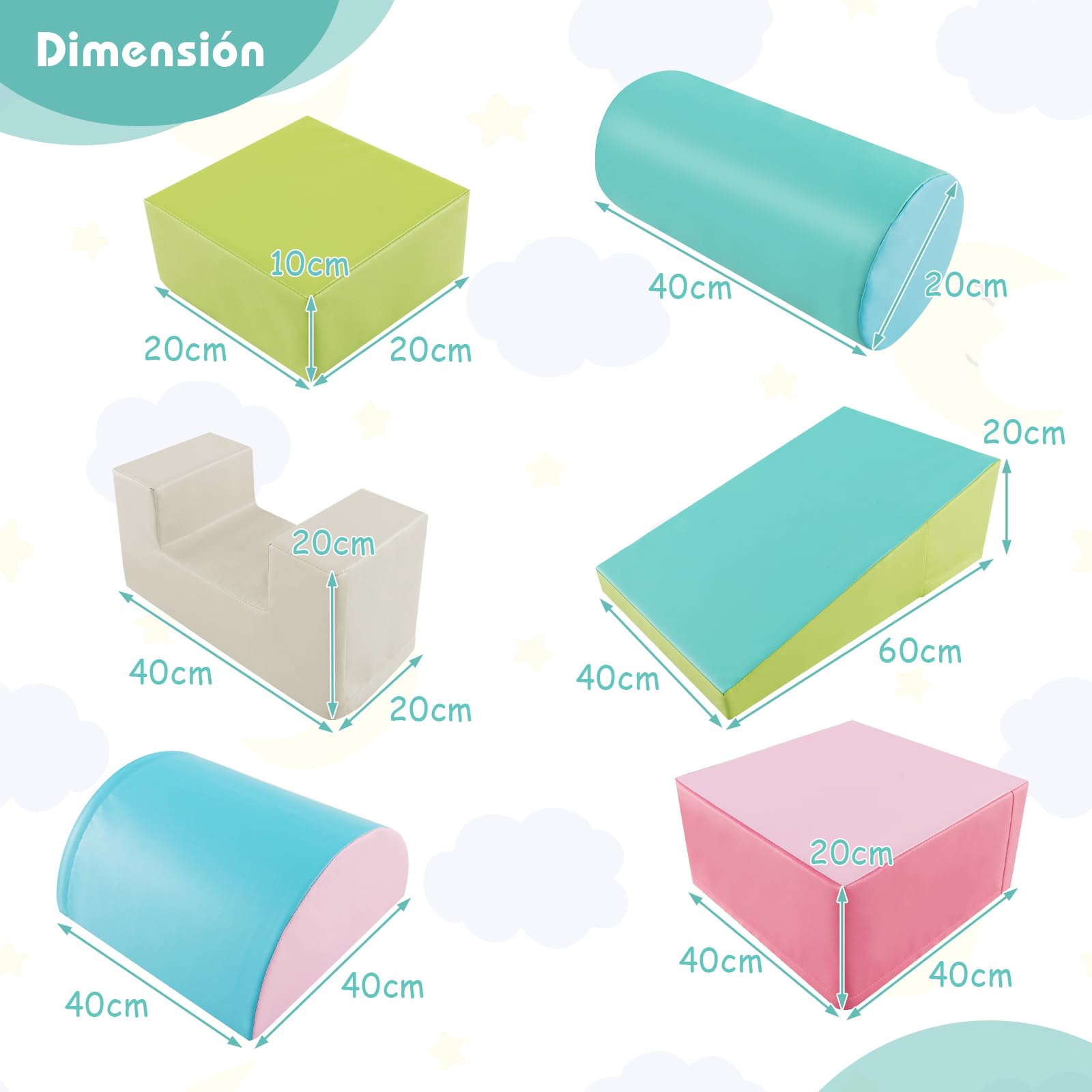COSTWAY Juego de 6 Bloques de Espuma Grandes, Juego de Juguete para Aprendizaje para Niños de 1-3 Años, con Rectángulos, Cilindro, Media Luna, Cuña, Cóncavo, con Cubierta de PU (Verde y Rosa)