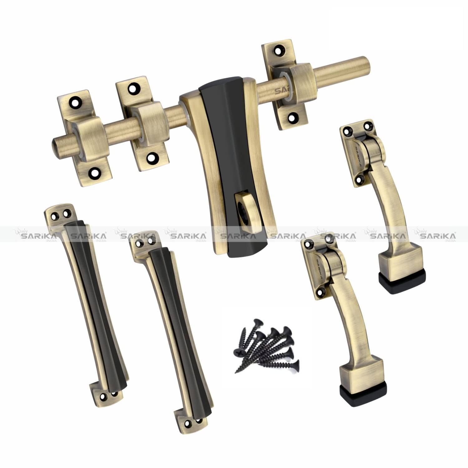 Shiv Sarika India Westin Pooja Kit Zinc Alloy Heavy Double Door Fitting Accessories Full Set/Kit for Pooja Ghar (1 Aldrop,2 Handles and 2 Door Stopper) (8 Inch 12MM),Antique Brass (B0B6G2792B) Amazon Price History, Amazon Price Tracker
