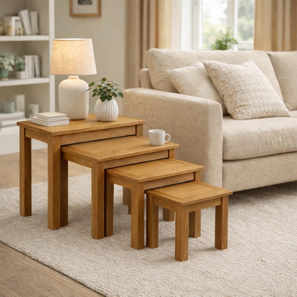 Oakcroft Rustic Nest of 4 Tables – Space-Saving Nesting Side Tables – Country Rustic Living Room Furniture