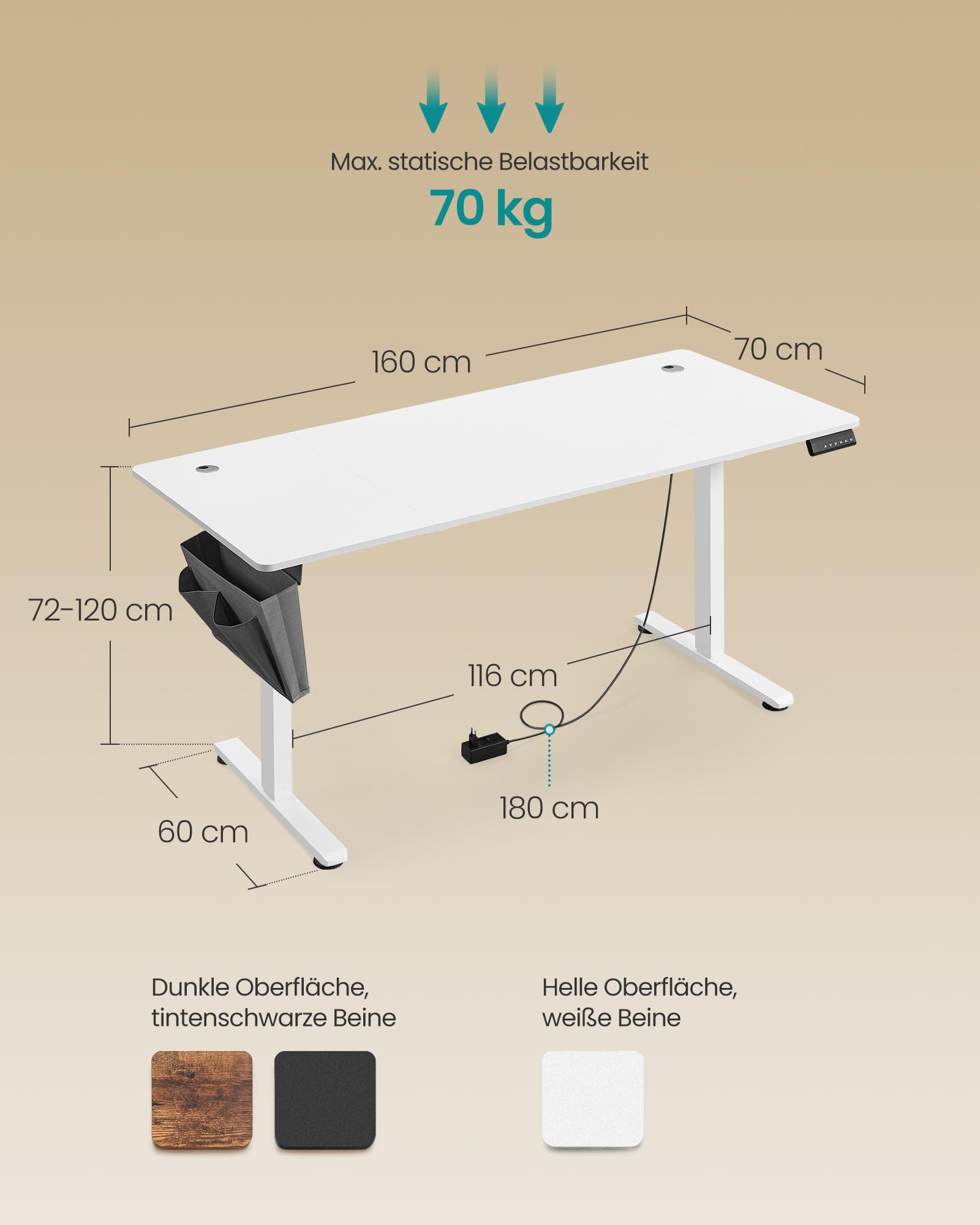 SONGMICS Höhenverstellbarer Schreibtisch elektrisch 160 x 70 cm stufenlos verstellbar Memory-Funktion 4 Höhen wolkenweiß