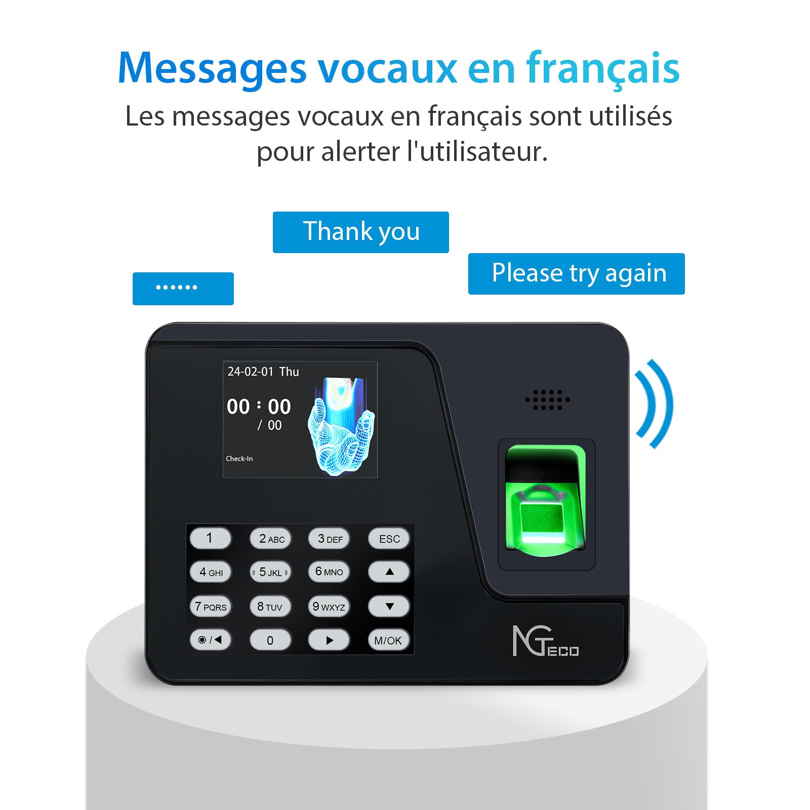 NGTeco Pointeuse Horaire Personnel pour Les organisations de Moins de 1000 employés, avec calcul Automatique, Horloge biométrique à Empreintes digitales AS10 avec USB 8 GB (Français)