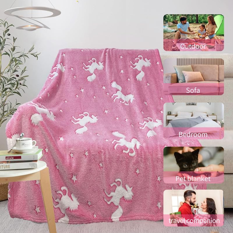 Unicorn Blanket for Girls, Glow in The Dark Blankets for Girls Kids Blankets for Girls, Personalized Blankets for Girls/Baby/Toddler, Unicorns Gifts for Girls Age 1-12, Soft Fleece Blanket 40"x 50"