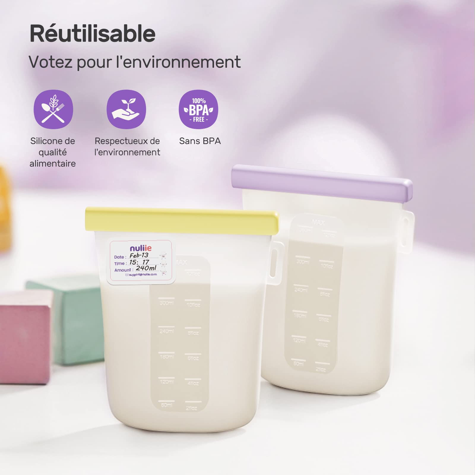 Nuliie Silicone Sachet Conservation Lait Maternelle Lot de 7, 12oz/360ml Doublement Étanches Sac Congelation Lait Maternel, Sans BPA Sacs à Lait Autoportants pour L'allaitement