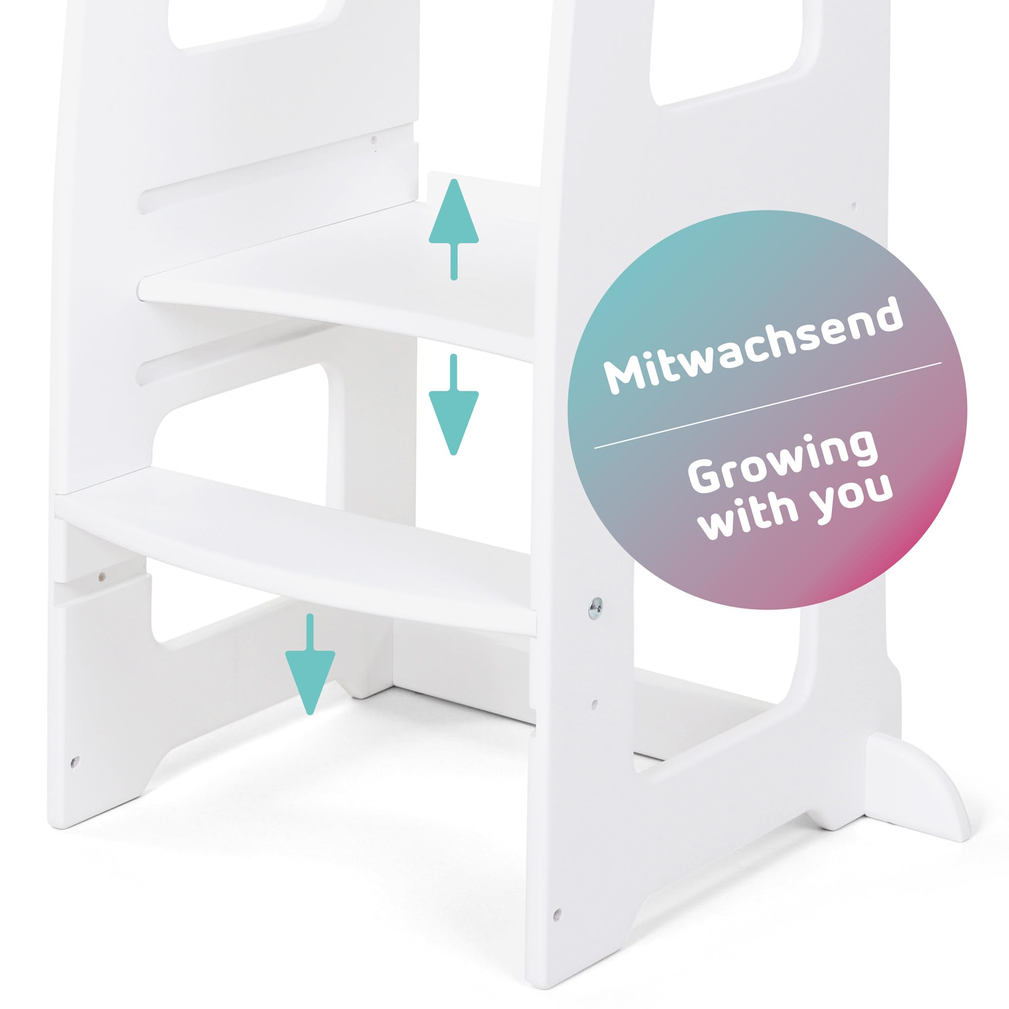 babybay Littlefoot Leertoren, maximale kantelveiligheid door massief beukenhout, bevordering van de motoriek, drievoudig in hoogte verstelbaar, ergonomische instap, uitsparing voor keukengrepen