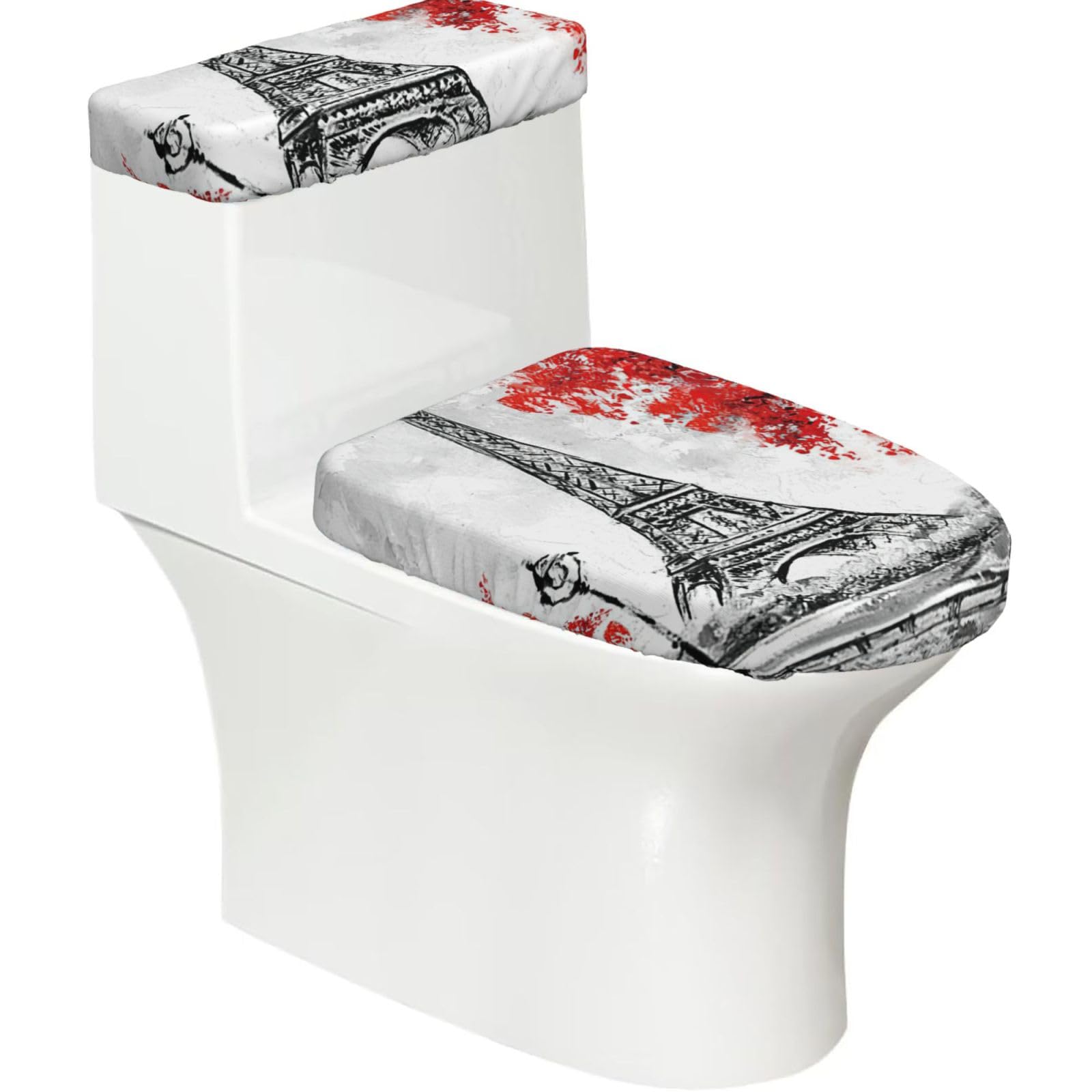 Paris Print 2-Piece Stretch Toilet Cover Set, Elastic Breathable Toilet Seat and Tank Lid Protector