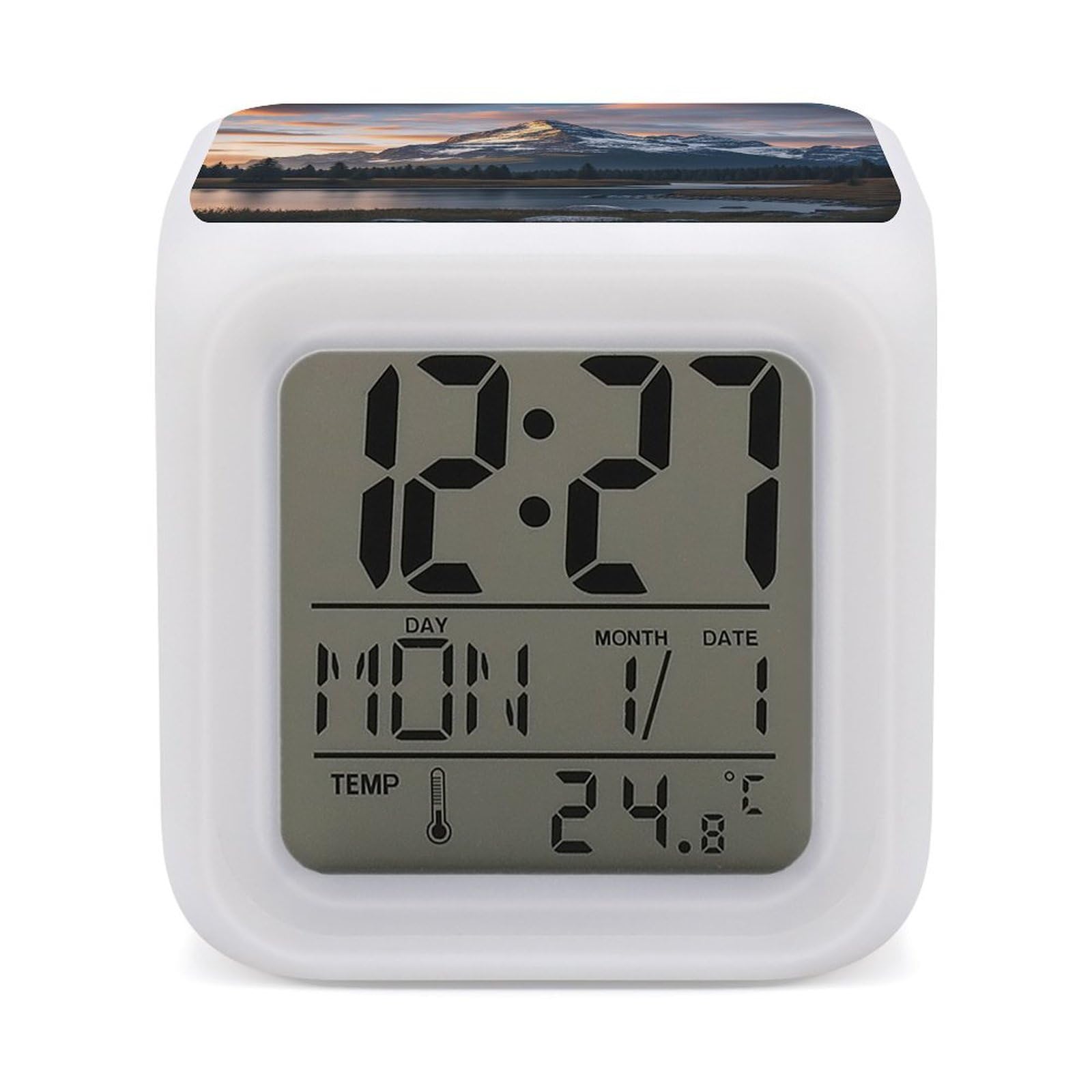 VstaDank Mount at Sunset Alarm Clock with 7 Color Changing Night Light Date Temp Display Wake Clocks LED Display Digital Clock Electric Desk Clocks for Living Office Bedroom Decor