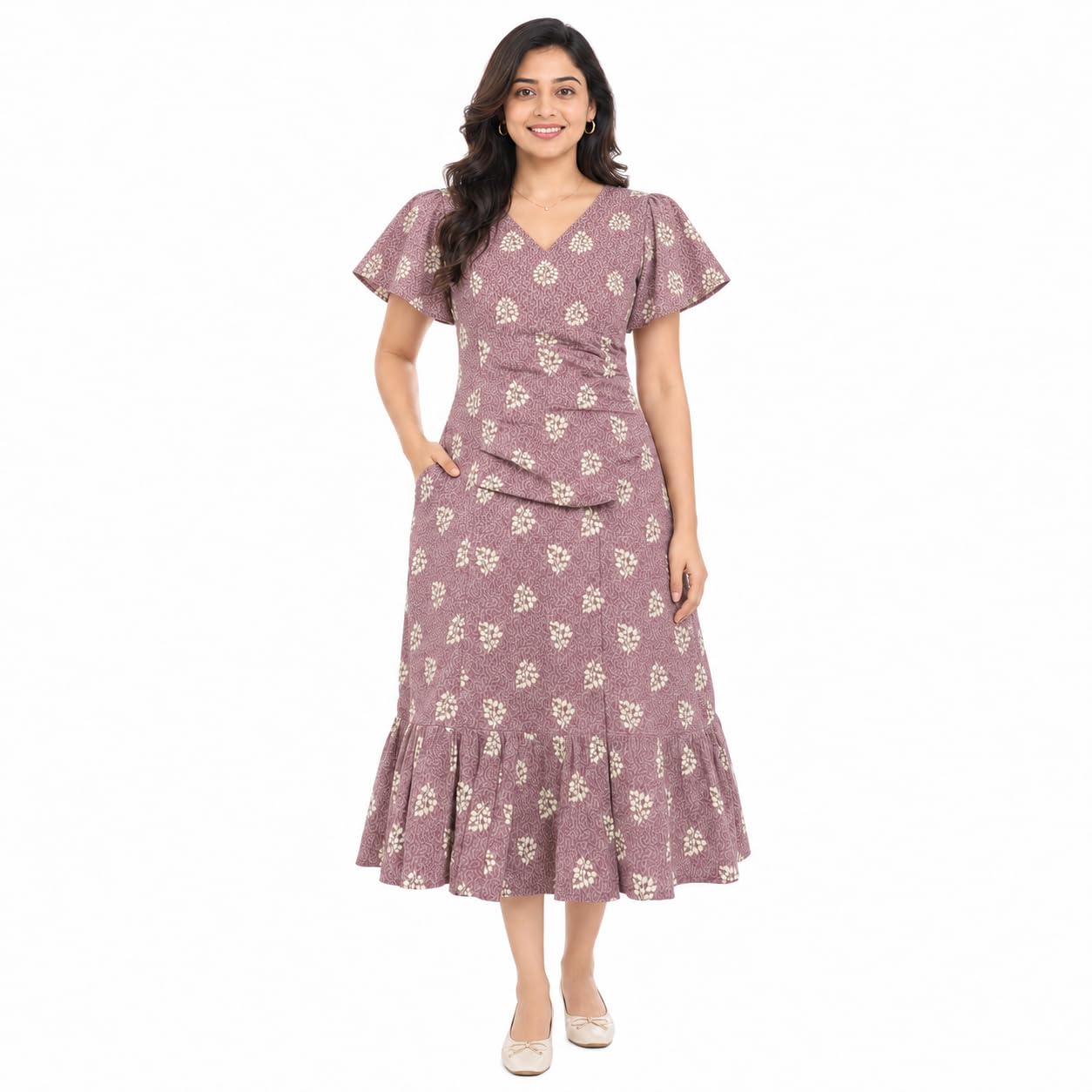 Women’s Cotton Floral Printed Maternity Feeding Frock Nighty with V-Neck, Dual Invisible Feeding Zips, Short Flutter Sleeves and Pocket-image-42