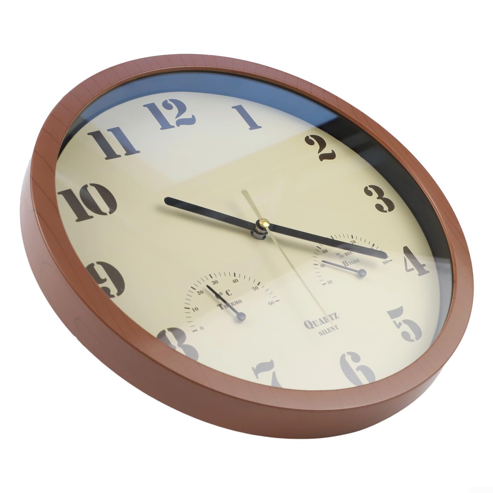 Reloj resistente a la intemperie para patio con termómetro analógico e higrómetro, movimiento de cuarzo silencioso, apto para uso en interiores en cocina o Lanai (marrón oscuro)