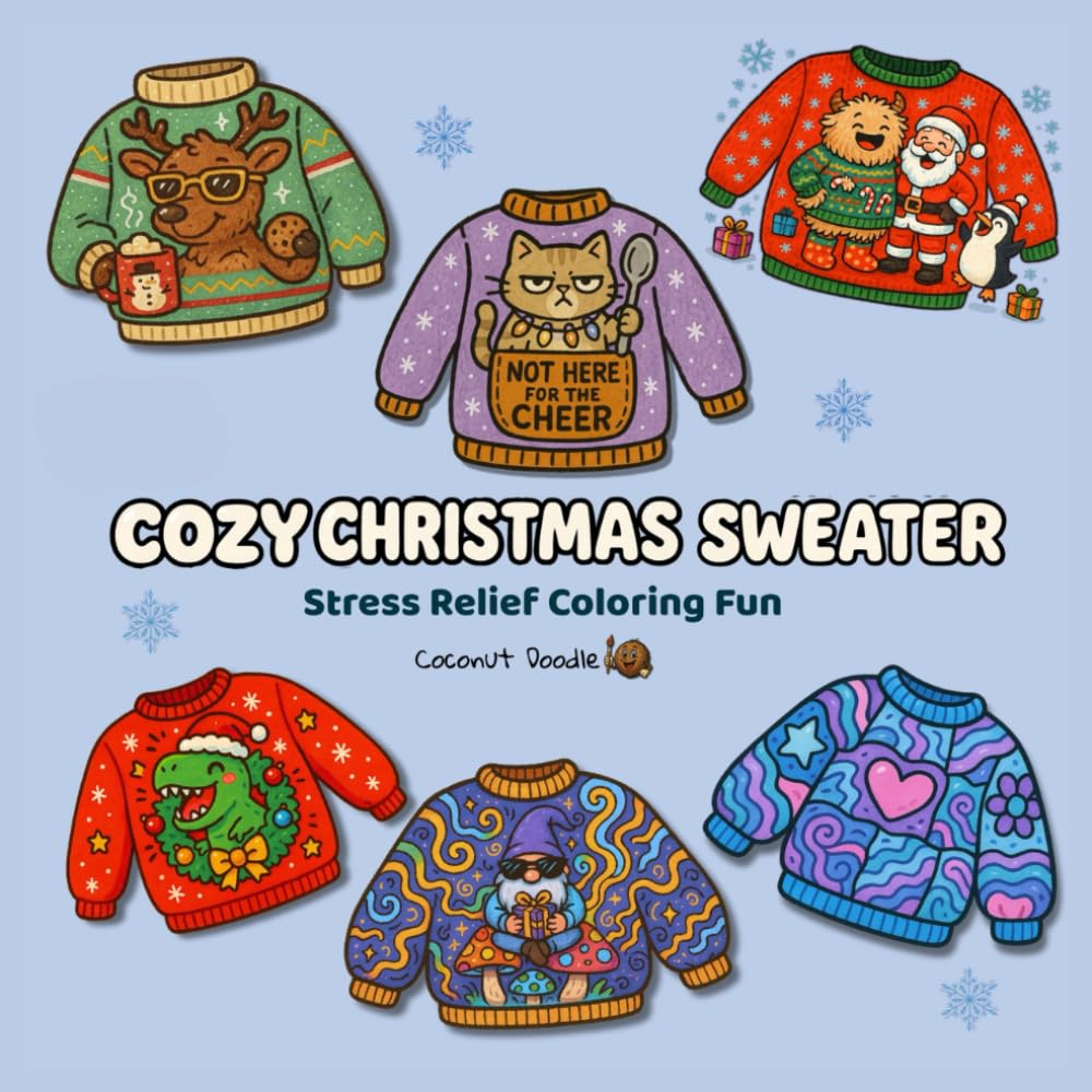 COZY CHRISTMAS SWEATER - STRESS RELIEF COLORING FUN: OVER 50 COLORING PAGES OF RELAXING, SILLY, CUTE AND UGLY HOLIDAY SWEATERS (EASY PEASY BOLD AND EASY COLORING BOOKS)