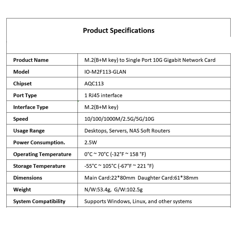 Scheda di Rete M.2 B+M A Porta Singola 10GbE Adattatore di Rete Ethernet RJ45 Scheda di Rete per Server di Livello di Controllo Industriale AQC113