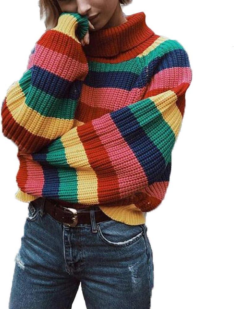 Womens Long Sleeve Striped Rainbow Striped Top Turtleneck Knitted Sweater Jumper Shirt