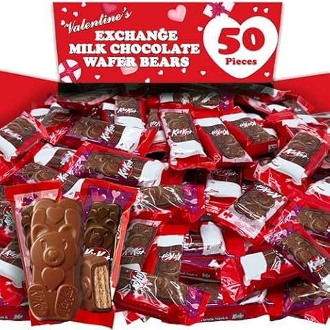 Valentine's Exchange Milk Chocolate Wafer Bears, 50 Count, Individually Wrapped Valentine's Day Addressable Chocolate, Pink Purple Wrapping with To and From Labels Classroom Friendship Exchange Cover