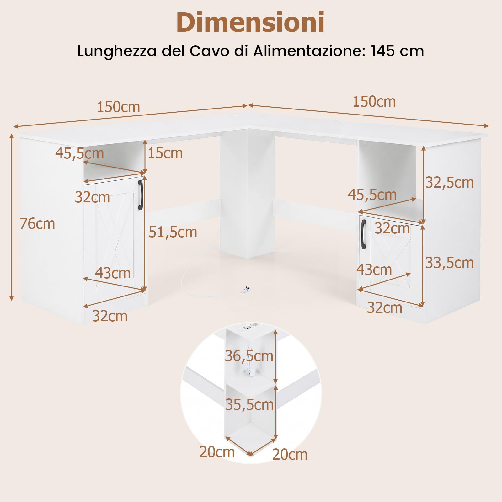 COSTWAY Scrivania Angolare Salvaspazio con Stazione di Ricarica, Ripiani Aperti e 2 Armadietti, Scrivania ad Angolo in Legno, Scrittoio per Computer per Soggiorno, Studio e Ufficio
