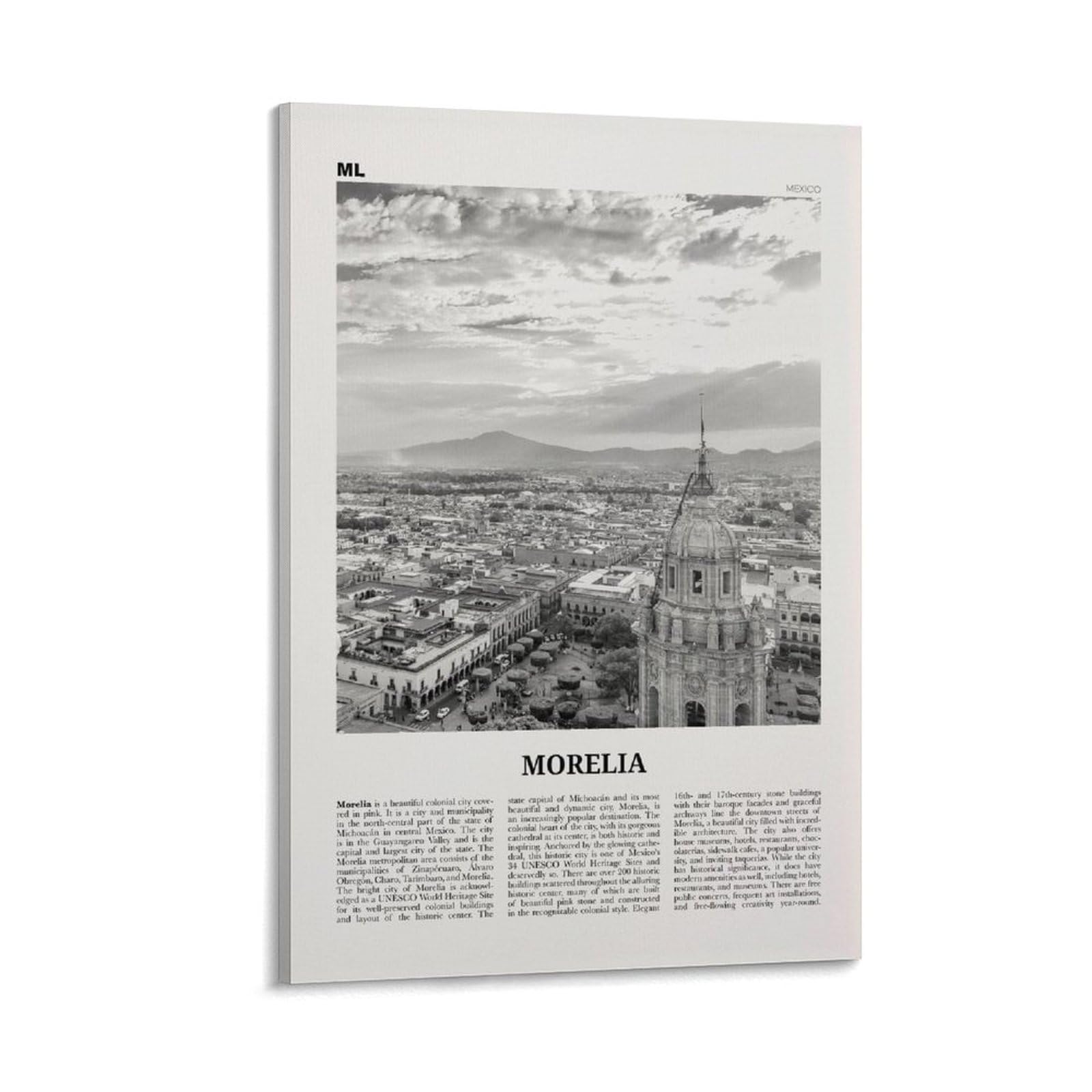 LZTEN Morelia Print Black And White, Morelia Wall Art, Morelia Poster, Morelia Photo, Morelia Wall, Mexico, Valladolid, Michoacan Canvas Wall Art Poster Fra