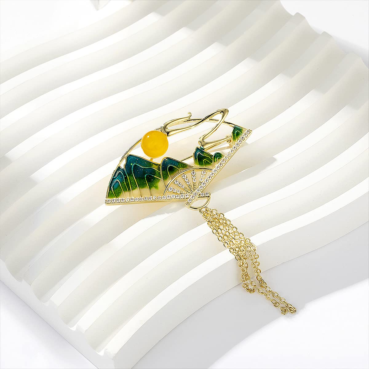 Brosche Pins für Frauen Mode Fan Form Pin grüne Emaille chinesischen Stil Brosche Brosche Schmuck mit Kette, Messing, Zirkonia
