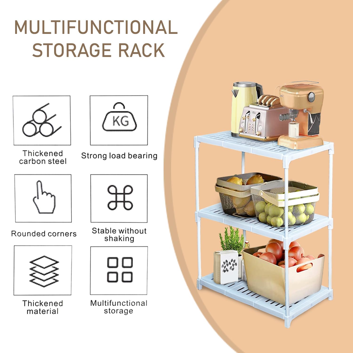 Lukzer 3-Layer Multi-Utility Rack (White) – Freestanding Plastic & Metal Shelf Organizer for Kitchen, Bathroom, Living Room, Pantry & Home Storage – Rust-Free, Waterproof, Durable CH-125