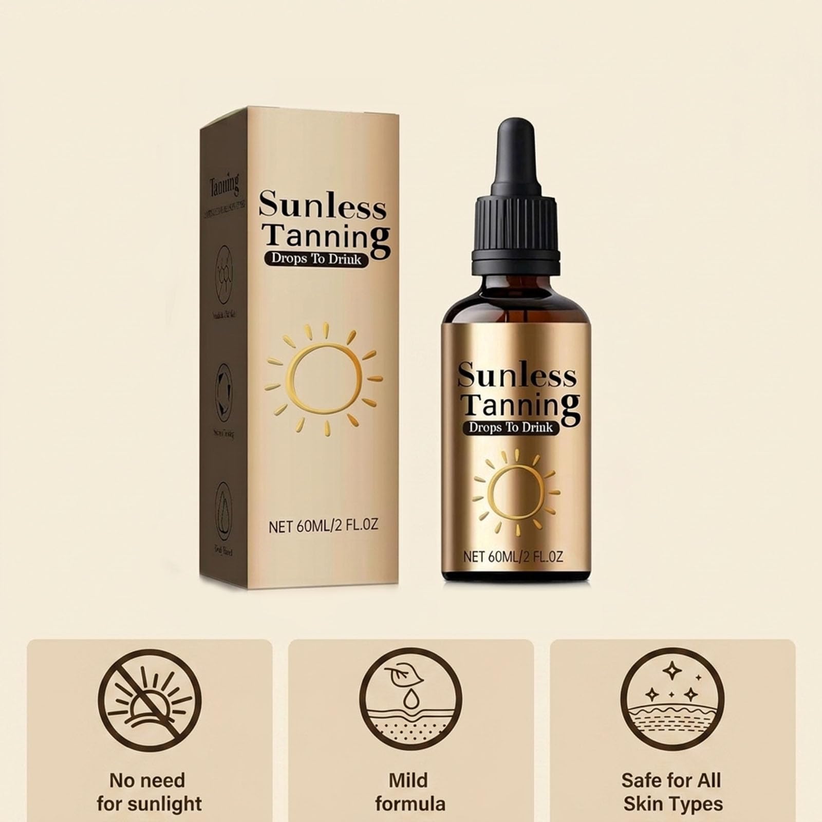Gocce autoabbronzanti da bere, gocce da bere per abbronzare, Sunless Tanning Drops To Drink, Autoabbronzante Viso & Corpo Bio, Veloce Abbronzatura per tutti i tipi di pelle, 60ml (3 Bottiglia)