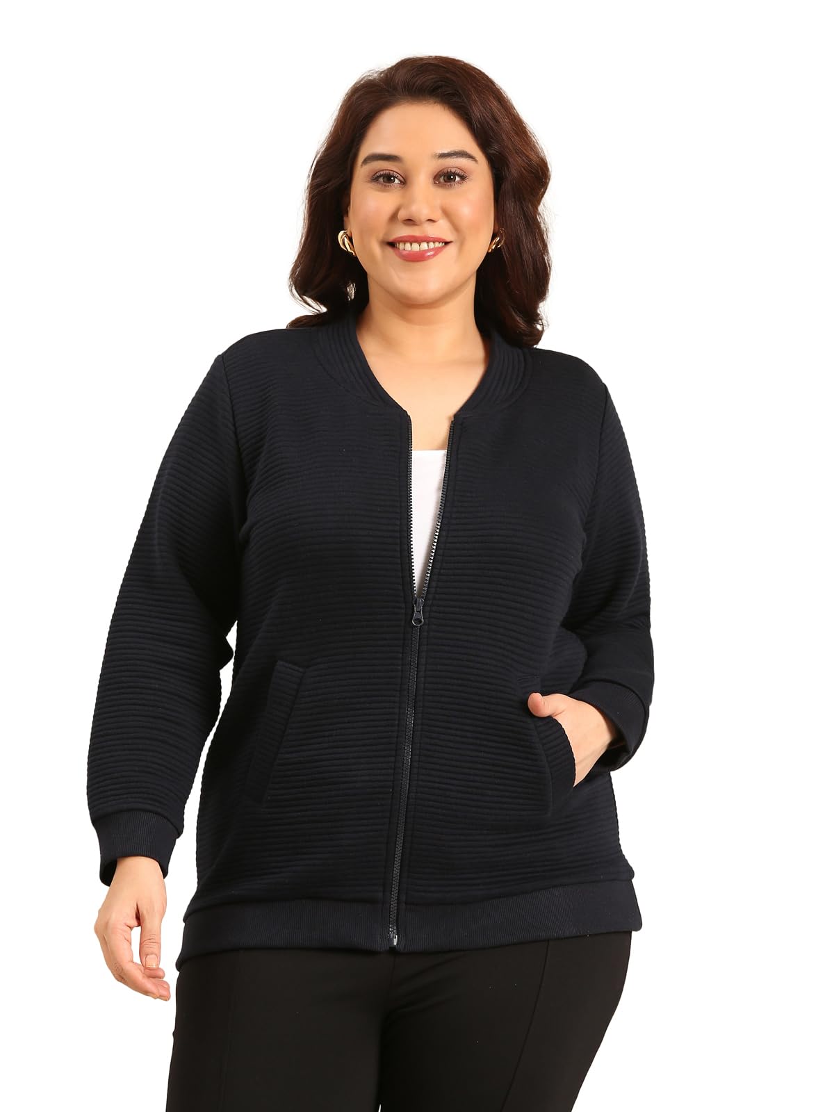 the pink moon Women's Cotton Regular Fit Plus Size Navy Quilted Cotton Jacket With Zip And Stand Collar -(JCKT_QLT_NVYSTRP)-picture-31