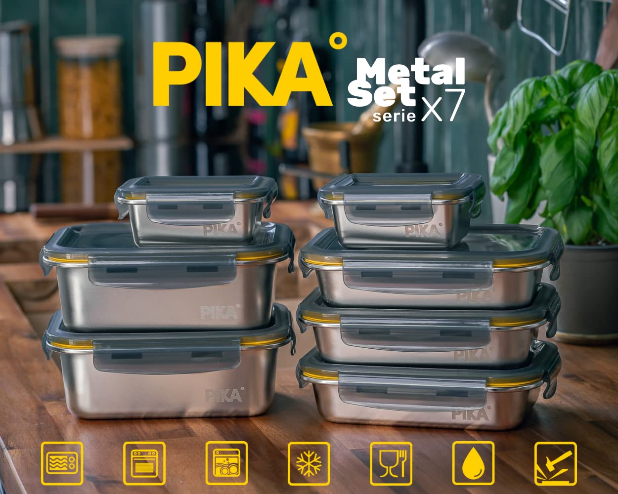 Pika - Lot de 7 boites alimentaires en inox - 3x 820ml + 2x 1200ml + 2x 260ml – Hermétique - Compatible au micro-ondes, four, congélateur - Batch cooking.