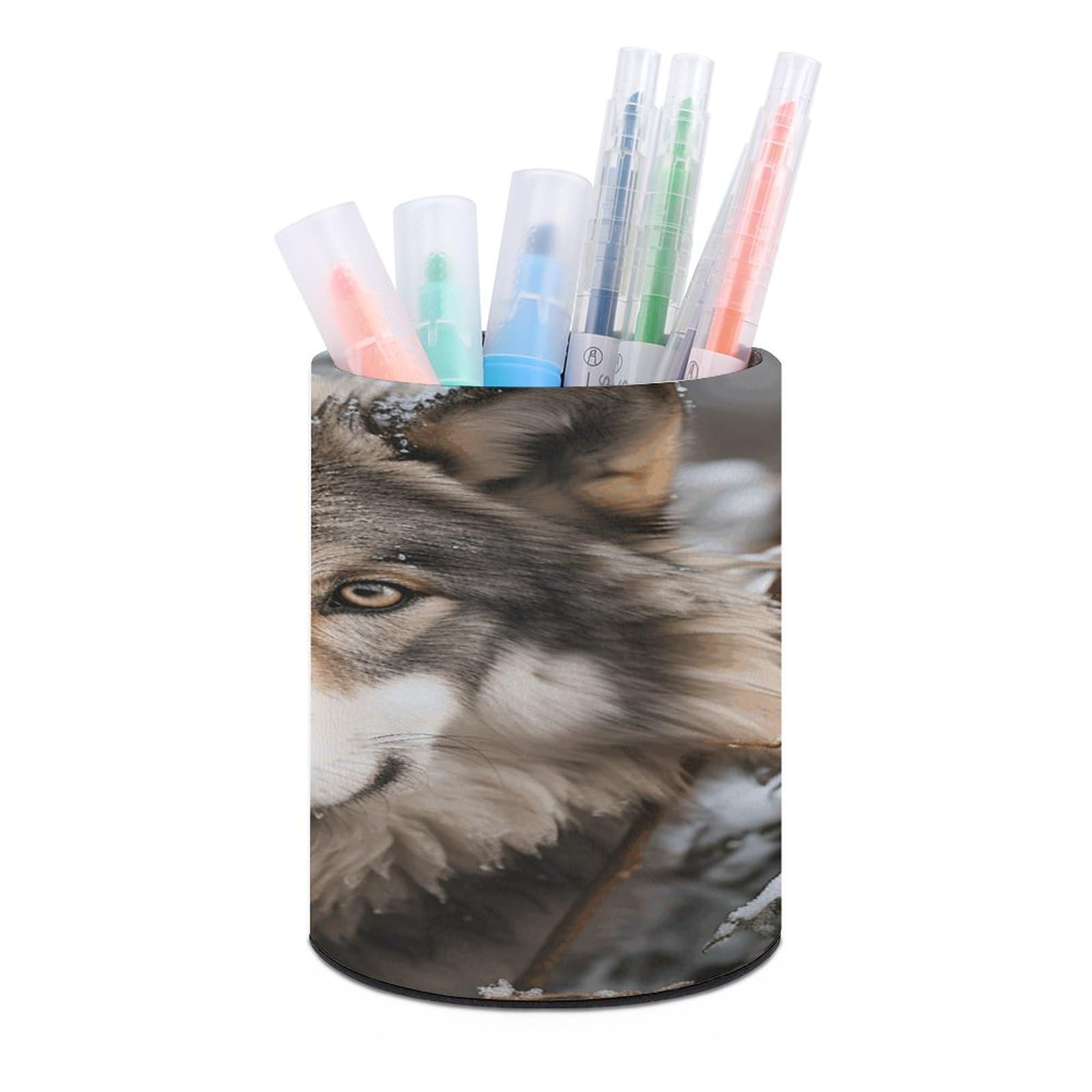 FekiLoot Round Leather Pen Holder - Multipurpose Desk Organizer, Modern Pencil Cup, Lmage of Wolf in The Snow Pencil Holder, Unique Makeup Brush Holders for Office Home Supplies & Gifts