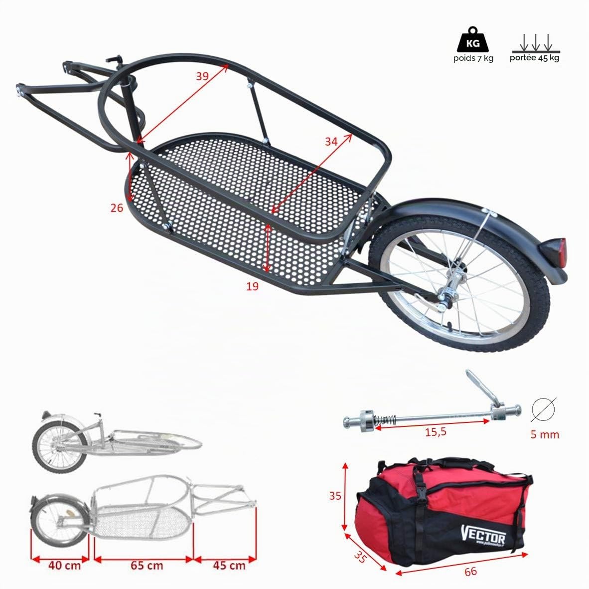 Vector - Remorque Vélo Monoroue pour Transport de Bagages, Voyage, Cyclotourisme et Cargo | Remorque Léger et Compact pour Aventures à Vélo