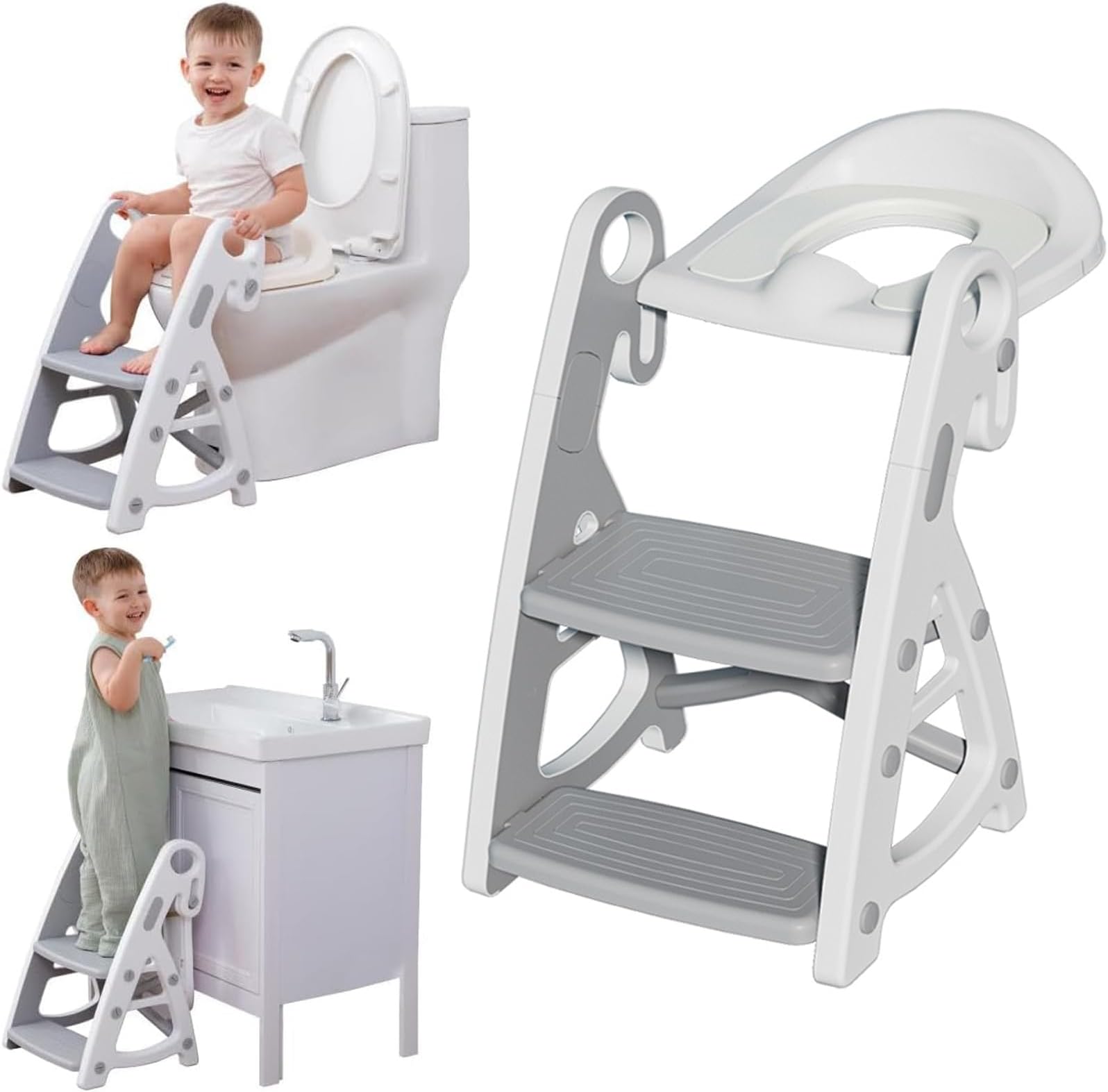 Toddler Potty Training Seat with Step Stool Ladder, Height Adjustable, Non-Slip, Foldable, for Boys & Girls