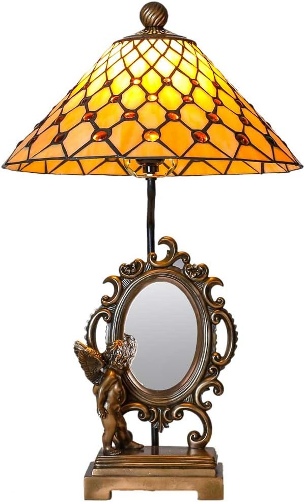 23" H Tiffany Style Stained Glass Cherub Mirror Table Lamp