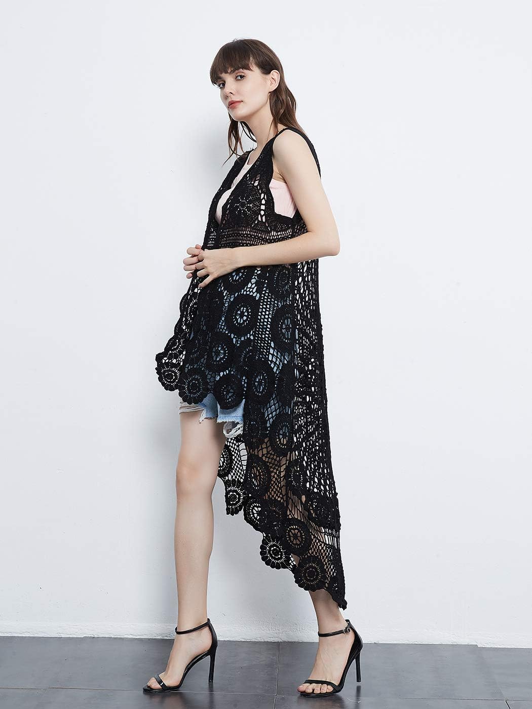 Anna-Kaci Womens Hippie Bohemian Floral Crochet Lace Trim Sleeveless Vest Cardigan