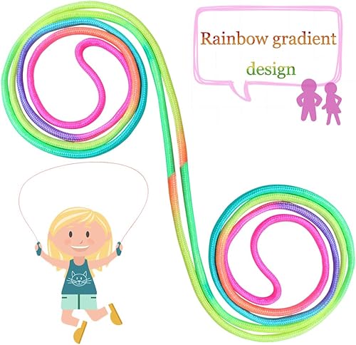 Miniatura 5 de Juego de 10 cuerdas de saltar arcoíris de nailon duraderas, cuerdas de saltar vibrantes de seguridad para niñas o niños educación física (7.2 pies)
