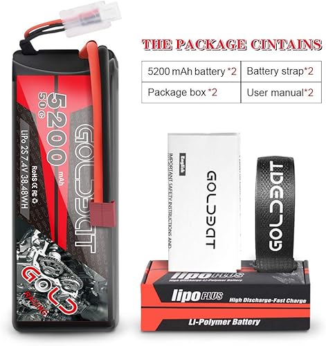 Miniatura 6 de GOLDBAT LiPo Battery 5200mAh 2S 50C 7.4V RC - Carcasa rígida con enchufe en T para RC Evader BX Car Losi Buggy Team Associated Truck Truggy (2
